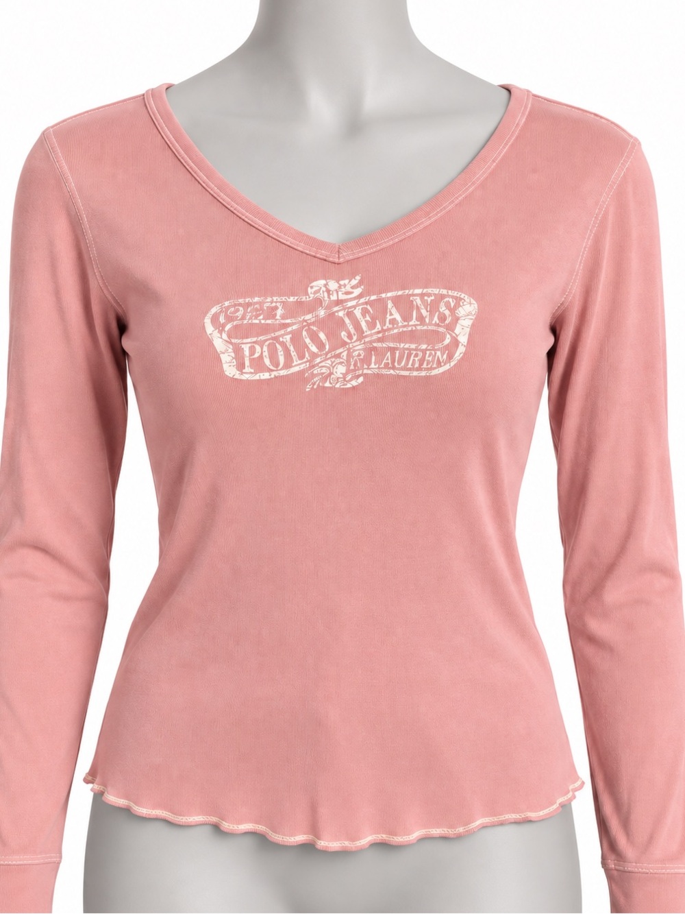 VINTAGE Polo Jeans Ralph Lauren Pink V-Neck Long Sleeve Top Small